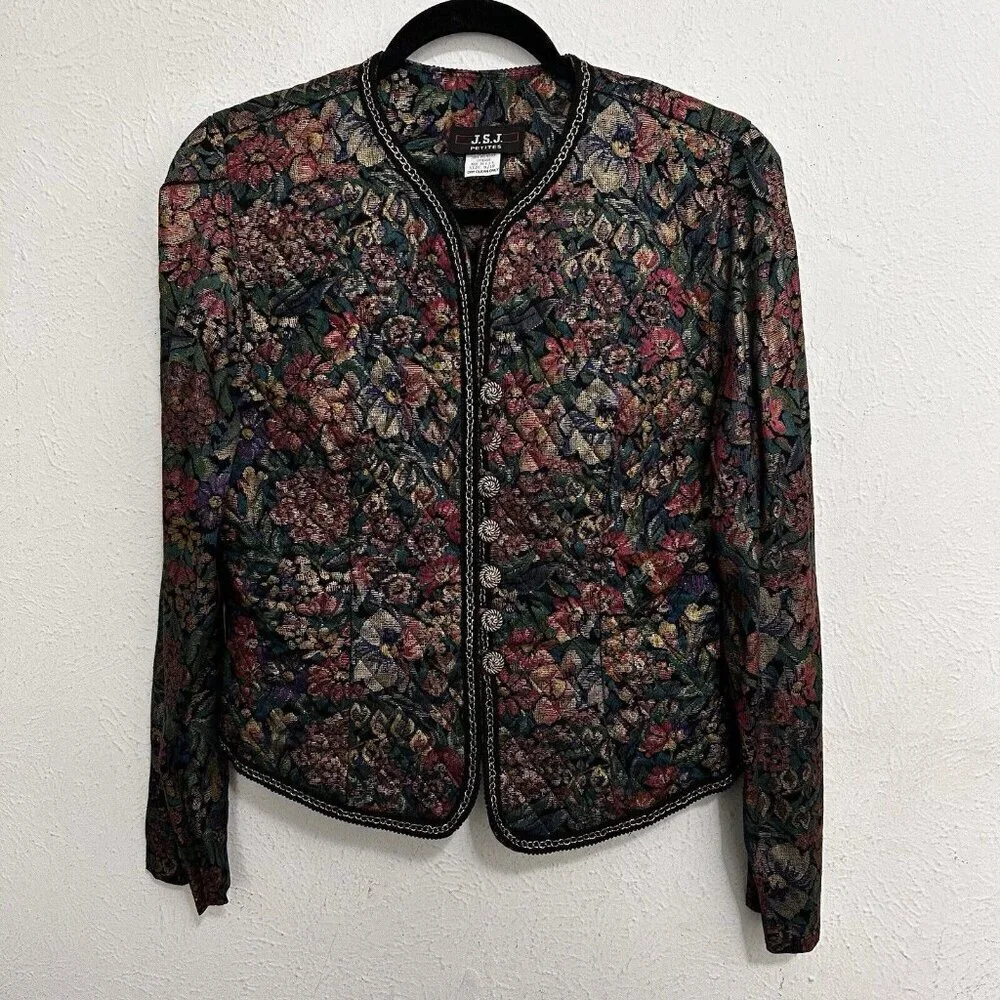 Vintage 90s Quilted Blazer Jacket‎ Floral Print Button Front 9/10 P Multicolored